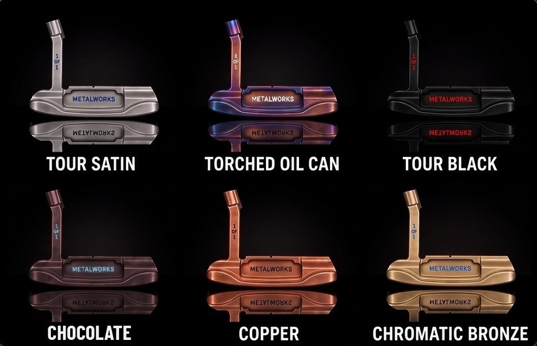 Six Metalworks putter finishes on a black reflective surface