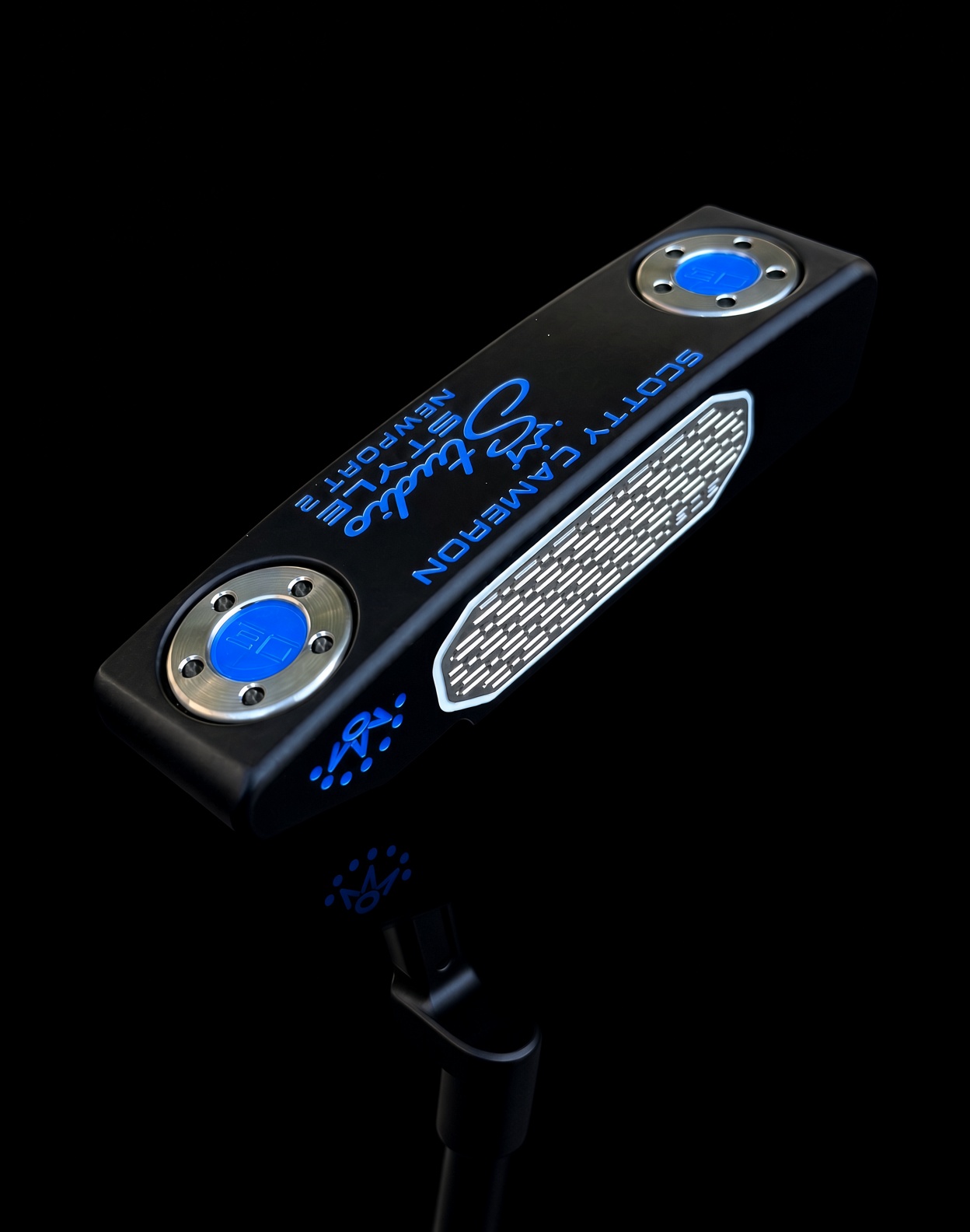 Black Scotty Cameron Newport 2 sole with blue paint fill and brushed steel weight rings